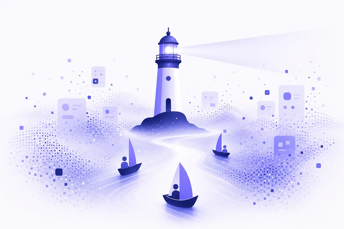 Fyr i digital dimma symboliserar trygg väg genom AI-risker