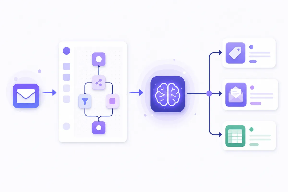 Visuellt flöde där kundmejl skickas via AI-API till flera nästa steg
